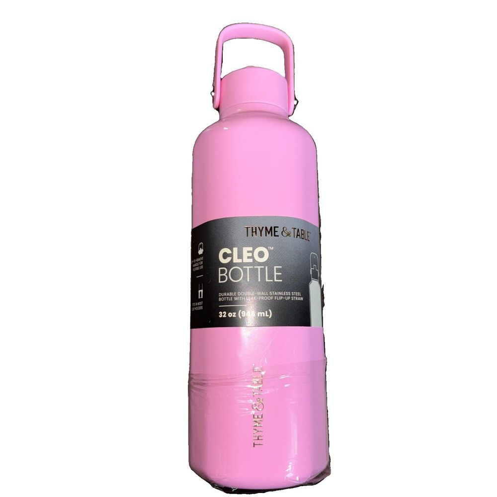 New Thyme & Table Cleo Bottle 32oz Stainless Steel Pink Rose With Handle & Straw
